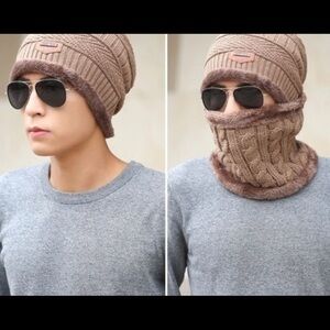 Hat Scarf Set with Neck cover Khaki Unisex